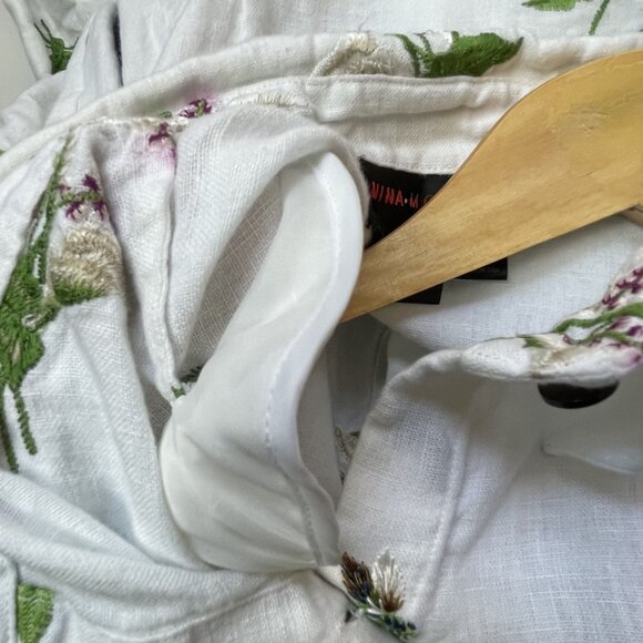 Nina McLemore White Linen Jacket Size 8 Embroidered Floral Blouse White Resort - Picture 9 of 10